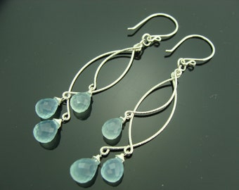 Aqua Blue Chalcedony Chandeliers 925 Sterling Silver Earrings  Gift