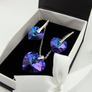 Purple Swarovski Crystal Heart Earrings and Necklace Set · 925 Sterling Silver Leverback · Romantic Gift Jewelry Set for Her