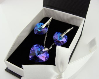 Swarovski Crystal Purple Heart Sterling Silver Leverback Earrings and Necklace Set  Gift