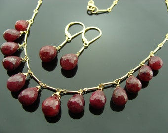 Genuine Ruby Necklace and Earrings Set · 14K Gold Filled Jewelry · Dainty Red Gemstone Gift for Her · July Birthstone