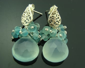 Aqua Blue Chalcedony and Apatite Cluster 925 Sterling Silver Filigree Post Earrings  Gift