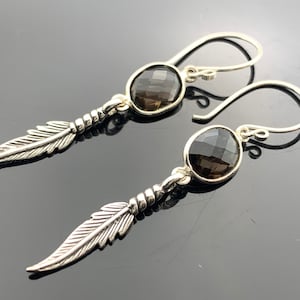 Smoky Quartz Bezel Set · 925 Sterling Silver Feather Earrings · Earthy Boho Gem Gift · Handmade Jewelry for Her