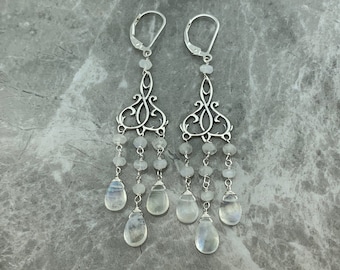 Rainbow Moonstone Chandeliers 925 Sterling Silver Leverback Earrings Gift