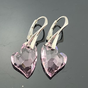 Swarovski Light Pink Heart · Sterling Silver · Leverback Earrings · Crystal Jewelry · Handmade · Gift for Her · Romantic Sparkle