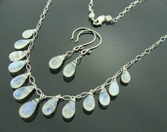 Rainbow Moonstone Jewelry Set · 925 Sterling Silver Necklace & Earrings · June Birthstone Gift for Her · Boho Bridal Jewelry