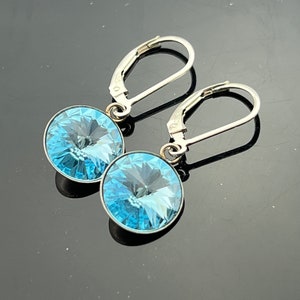 Aquamarine Swarovski Crystal Earrings • 925 Sterling Silver 10mm Rivoli Leverback Dangles • March Birthstone Gift for Her
