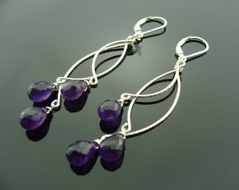 Long Brazilian Amethyst Chandeliers Sterling Silver Earrings  Gift