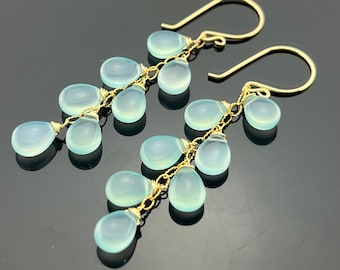 Brincos Cascata de Calcedônia Azul Água · Brincos Longos Pendentes · Ouro 14K ou Prata de Lei