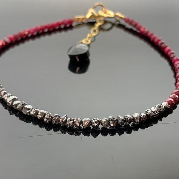 Genuine Black Raw Rough Uncut Diamond and Ruby 925 Sterling Silver or 14K Gold Filled Bracelet Gift