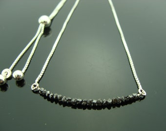 Raw Black Diamond Necklace • Sterling Silver Box Chain, Adjustable Tassel