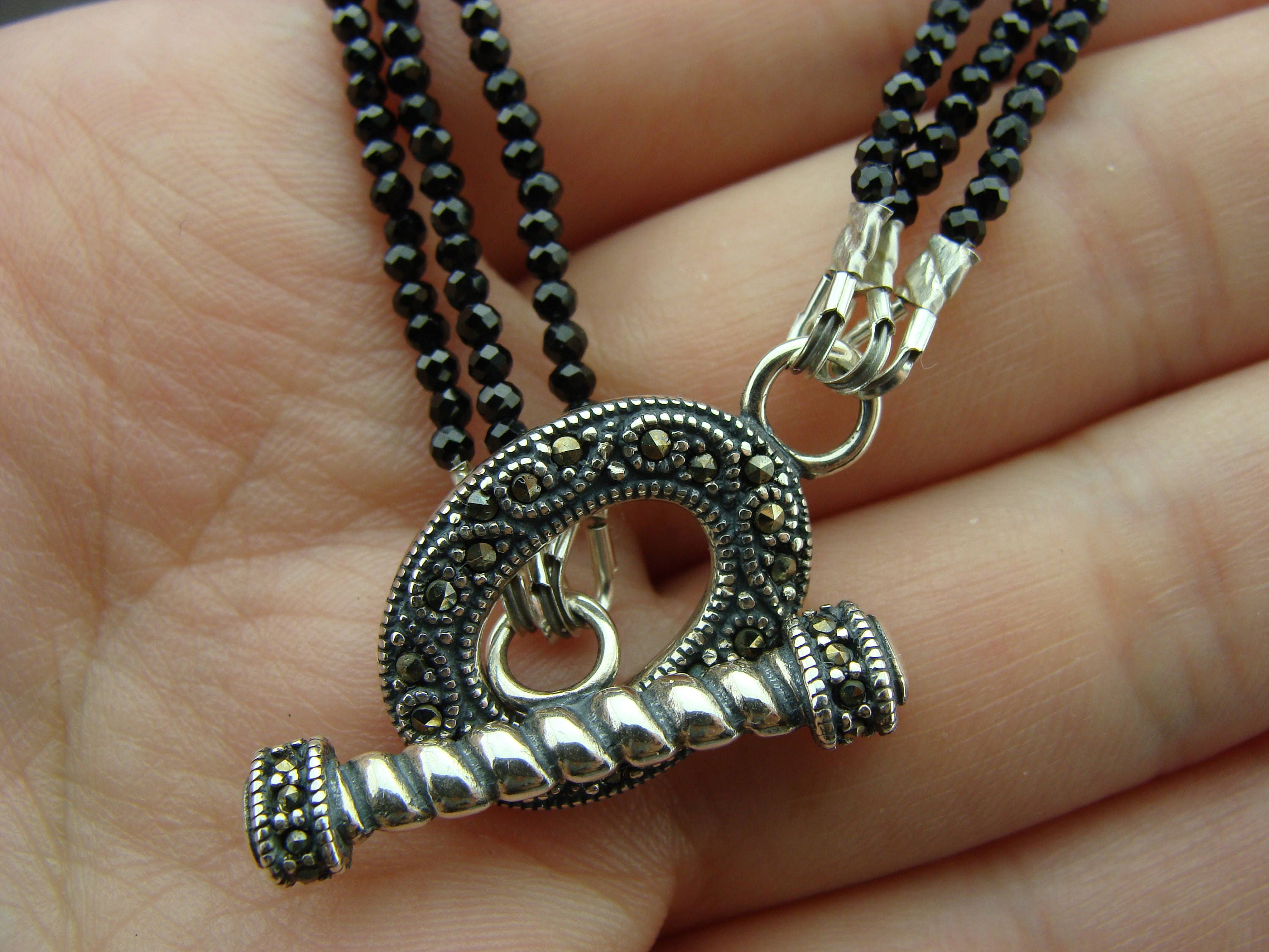 Black Spinel 3 Strand Necklace · 925 Sterling Silver Toggle 