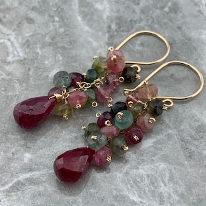 Ruby and Watermelon Tourmaline 14K Gold Filled Cluster Earrings Gift