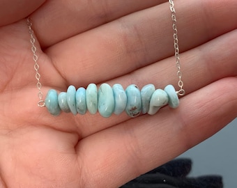 Collar con barra de larimar auténtico · Plata de ley 925 o chapado en oro de 14 quilates · Piedra preciosa azul caribeña