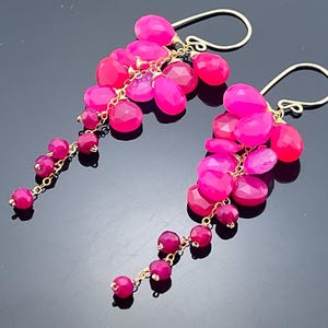 Hot Pink Chalcedony 14K Gold Filled Long Cascade Earrings  Gift