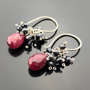 Ruby Drop & Black Spinel · 925 Sterling Silver or 14K Gold Filled · Cluster Earrings · Bold Gemstone Gift for Her