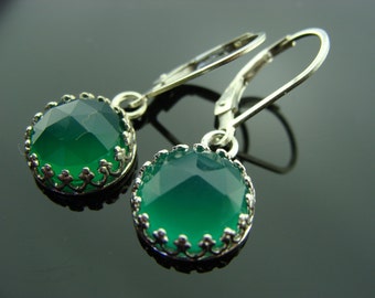 Bezel Set Green Onyx 925 Sterling Silver Leverback Earrings  Gift