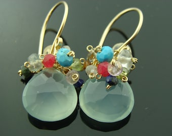 Aqua Blue Chalcedony Multi Gemstone Earrings · 14K Gold Filled or 925 Sterling Silver Cluster