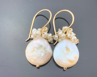 White Freshwater Coin Pearls · 925 Sterling Silver or 14K Gold Filled · Cluster Earrings
