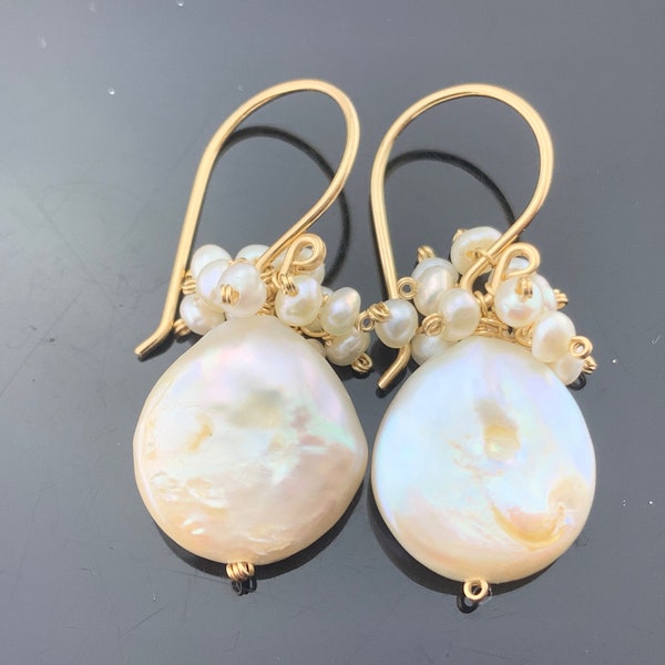 White Freshwater Coin Pearls 925 Sterling Silver or 14K Gold Filled Cluster Earrings Gift