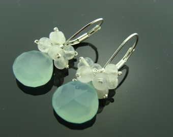 Aqua Blue Chalcedony & Rainbow Moonstone Earrings · 925 Sterling Silver · Leverback Cluster · Gift for Her · Handmade Jewelry