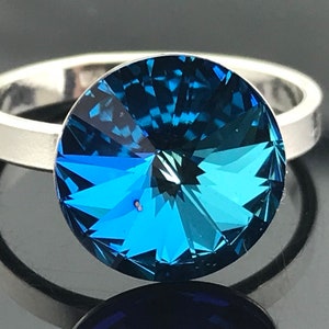 Swarovski Crystal Bermuda Blue · 12mm Rivoli Ring · Sterling Silver · Size 7.5 · Bold Sparkle · Handmade Jewelry Gift for Her