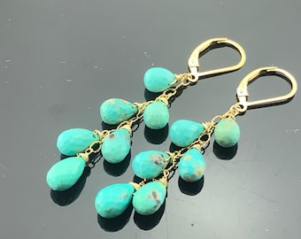 Genuine arizona turquoise faceted drops · 14k gold filled leverback cascade earrings