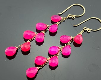 Hot Pink Chalcedony Cascade 14K Gold Filled Earrings  Gift