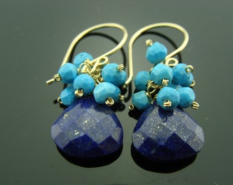 Lapis Lazuli and Turquoise 14K Gold Filled Cluster Earrings  Gift