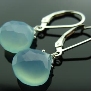 Aqua Chalcedony Sterling Silver Leverback Earrings  Gift