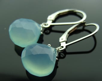 Faceted Aqua Blue Chalcedony Earrings · 925 Sterling Silver Drops · Gemstone Leverbacks