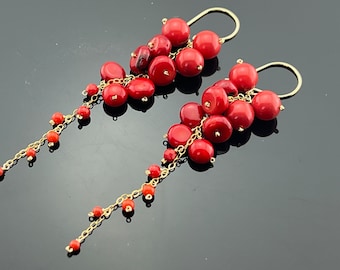 Red Bamboo Coral Earrings • 14K Gold Filled Cascade Dangles • Genuine Red Gemstone Jewelry
