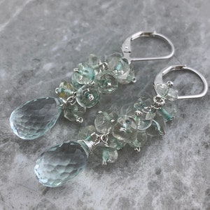 Light Blue Quartz & Aquamarine Cluster Earrings · 925 Sterling Silver · Leverback Dangles · Handmade Gift for Her · March Birthstone
