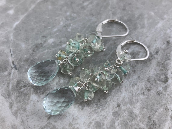 Light Blue Quartz & Aquamarine Cluster Earrings · 925 Sterling Silver · Leverback Dangles · March Birthstone