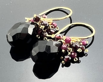 Black Onyx Ruby Garnet Cluster Earrings • 14k Gold Filled or Sterling Silver Gemstone Jewelry