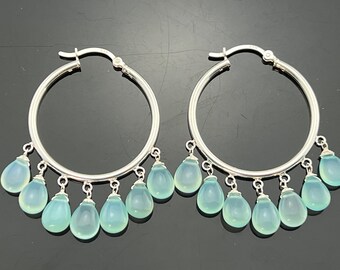 Aqua Blue Chalcedony Hoops 925 Sterling Silver Earrings