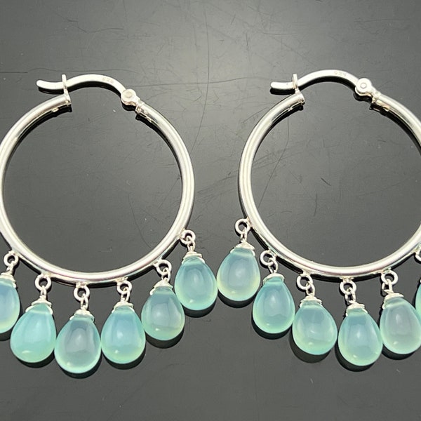 Aqua Blue Chalcedony Hoops 925 Sterling Silver Earrings