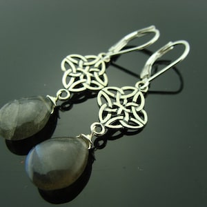 May include: Silver earrings with a Celtic knot design and gray gemstone drops.