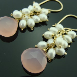 Pink Chalcedony and Freshwater Pearl 14K Gold Filled Cluster Earrings  Gift