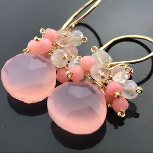 Pink Chalcedony, White Pearl Chalcedony & Pink Coral · 14K Gold Filled or Sterling Silver Earrings · Faceted Gemstone Cluster · Gift for Her