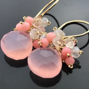 Faceted Pink Chalcedony White Pearl Chalcedony and Pink Coral 14K Gold Filled Earrings  Gift