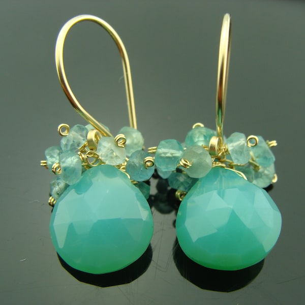 Chrysoprase Chalcedony and Apatite Cluster 14K Gold Filled or Sterling Silver Earrings  Gift