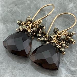 Smoky Quartz Trillion & Pyrite · Cluster Earrings · 14K Gold Filled or Sterling Silver · Earthy Gemstone Gift for Her