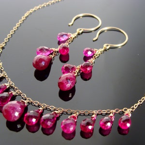 Ruby and Rubellite 14k Gold Filled Gemstone Necklace and Earrings Set  Gift