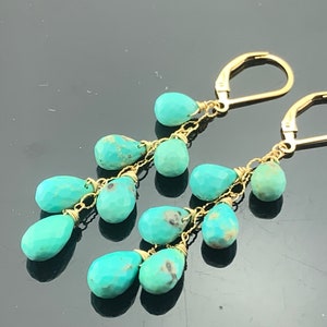 Genuine Arizona Turquoise Faceted Drops 14K Gold Filled Leverback Cascade Earrings  Gift