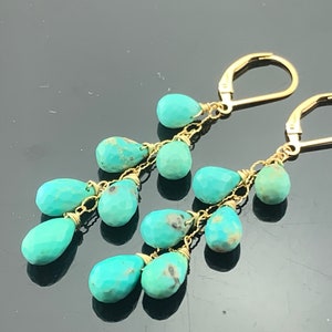 Genuine Arizona Turquoise Faceted Drops · 14K Gold Filled Leverback Cascade Earrings · Handmade Gift for Her