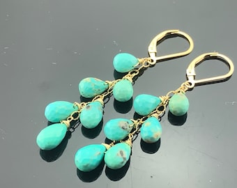 Genuine Arizona Turquoise Faceted Drops 14K Gold Filled Leverback Cascade Earrings  Gift