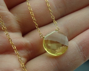 Lemon Quartz Coin Necklace · 14K Gold Filled Gemstone Pendant · Yellow Quartz Jewelry · Handmade Gift for Her