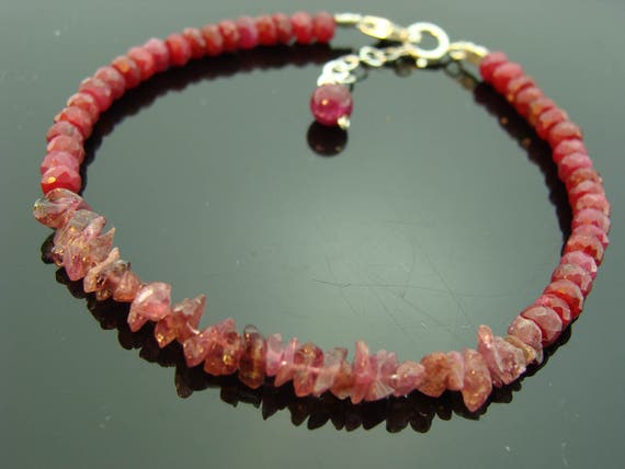 Ruby and Raw Pink Tourmaline Bracelet · 925 Sterling Silver · Handmade Birthstone Jewelry · Gift for Her