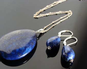 Lapis Lazuli Necklace Earrings Set . 925 Sterling Silver Gemstone Jewelry . Blue Stone Gift Set