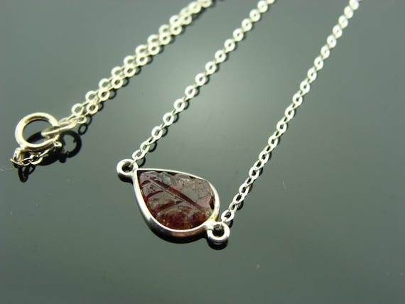 Raspberry Tourmaline Leaf Necklace · Carved Gemstone Bezel Set in Sterling Silver · Nature-Inspired Pendant · Gift for Her